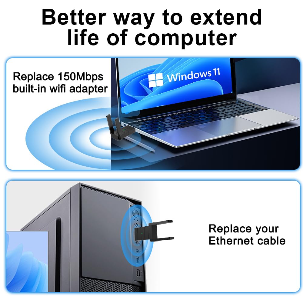 Adaptador WiFi USB de 1300 Mbps, adaptador de red inalámbrico de doble banda de 2.4 GHz/5.8 GHz para PC de escritorio, USB 2.0, antena dual de alta ganancia, compatible con Windows 10/11