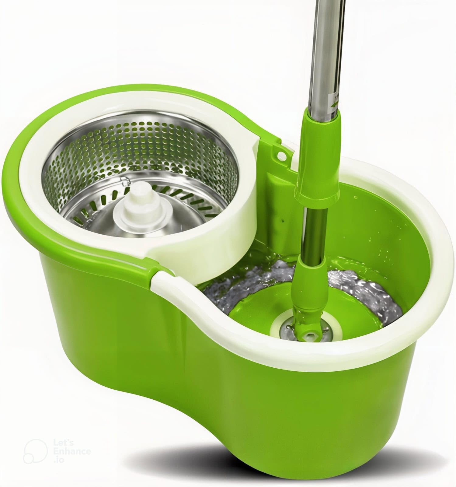 Puliflash – Secchio Lavapavimenti Professionale con Strizzatore in Acciaio Inox, Mocio Rotante 360°, Manico Telescopico, Sistema Autostrizzante, 2 Panni in Microfibra Inclusi (VERDE)