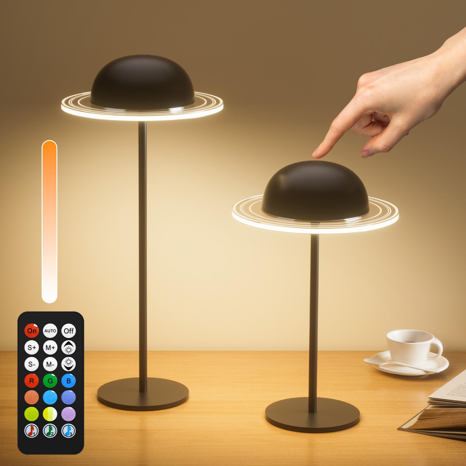 KIBTOY Rechargeable Table Lamp Battery Operated 2Pack, Cordless Desk Light Touch & Remote Control 3 CCT & RGB Colors Dimmable for Restaurant Bedroom Bottle Dining Outdoor Black