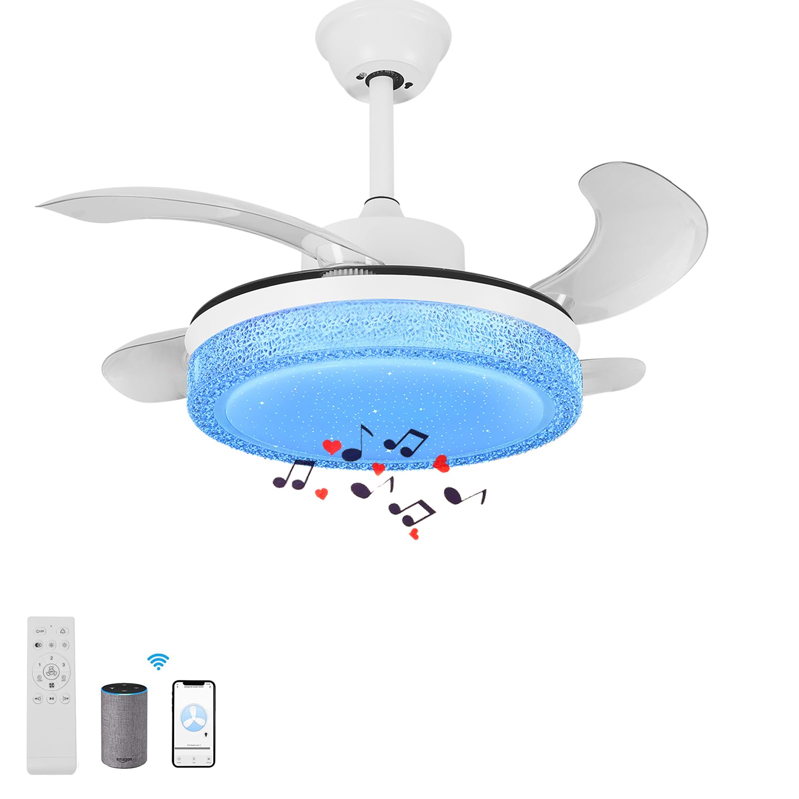 HOREVO Retractable Ceiling Fan with Lights and Bluetooth Speaker, Work with Alexa/Google Home, 36'' Kids Ceiling Fan Invisible Blades Chandelier Ceiling Fan with Remote Control for Kids Room Bedroom