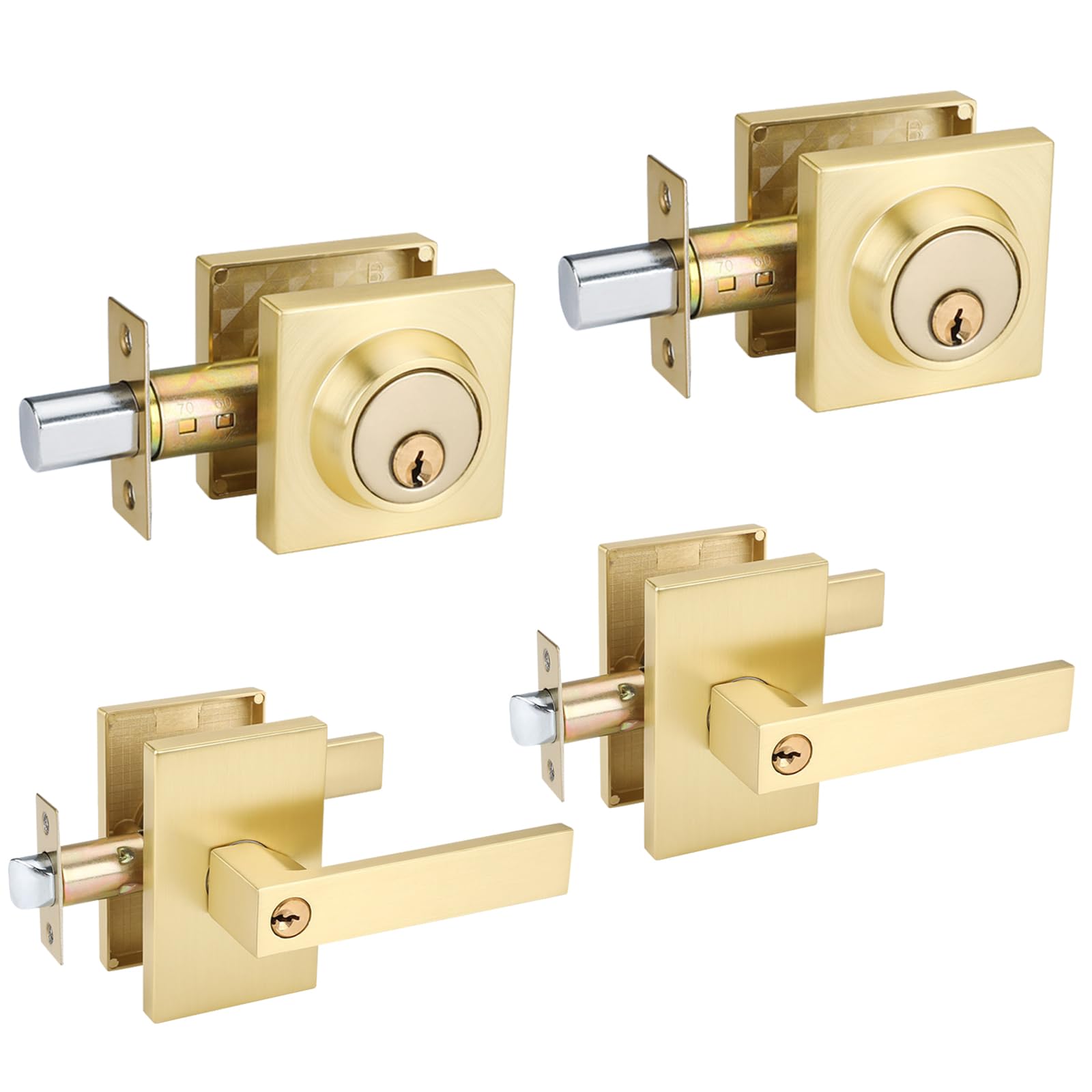 Gold Exterior Door Lock Set, Front Door Lock Set with Deadbolt, Square Contemporary Brushed Gold Front Door Lock Sets Heavy Duty Zinc-alloyed Exterior