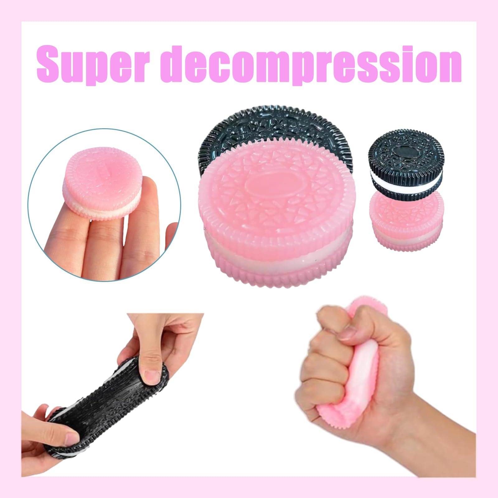 MUNSKT 4-Pack Oreo-Inspired Squishy Set 2 Large + 2 Mini Keychain Charms (Pink & Black), Squeezeable to Relief Stress Anxiety, Party Favors & Desk Relaxation, for Kids & Adults - Image 3