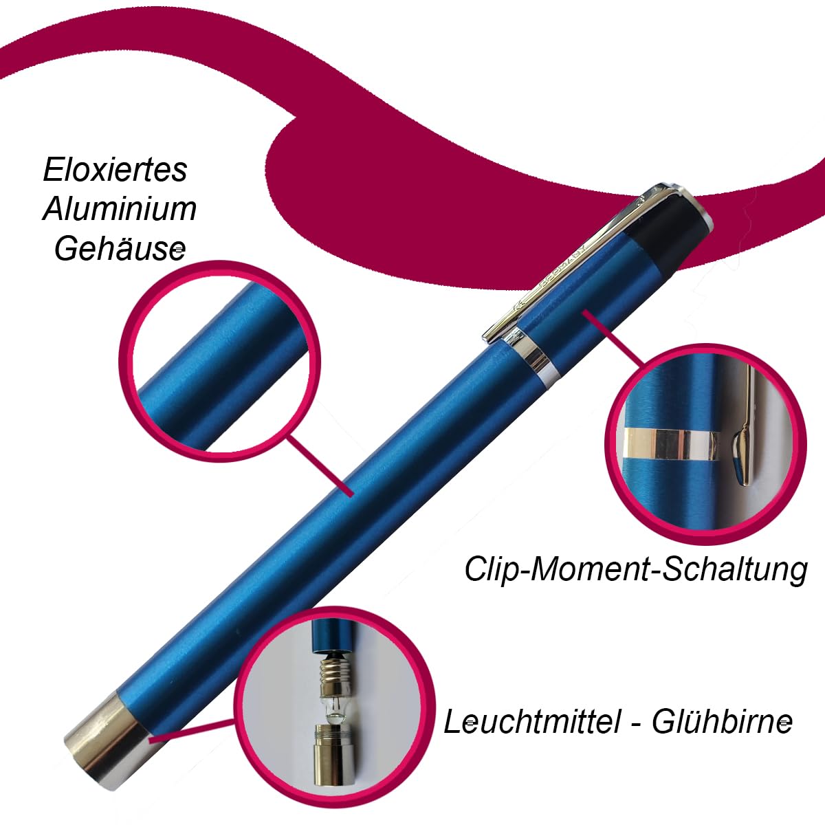 RC Diagnostikleuchte Pupillenleuchte – Aluminium Eloxiert, Mit Clip-Moment-Schaltung, Inkl. Varta Batterien – Hergestellt In Deutschland