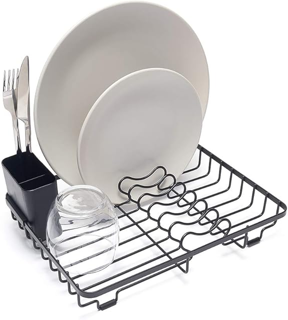 simplywire  Compact Dish Drainer  Plate Drying Rack with Cutlery Basket  Small - Black