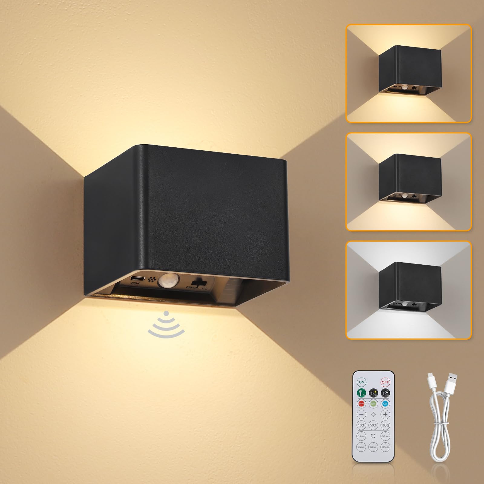 Rechargeable Wall Lights with Motion Sensor, 5400mAh Battery Operated Wall Lamps with Remote Control, Dimmable and 3 Colors, On and Auto Modes Indoor Wall Sconces for Bedroom, Hallway, Black 1 Pack — image 1