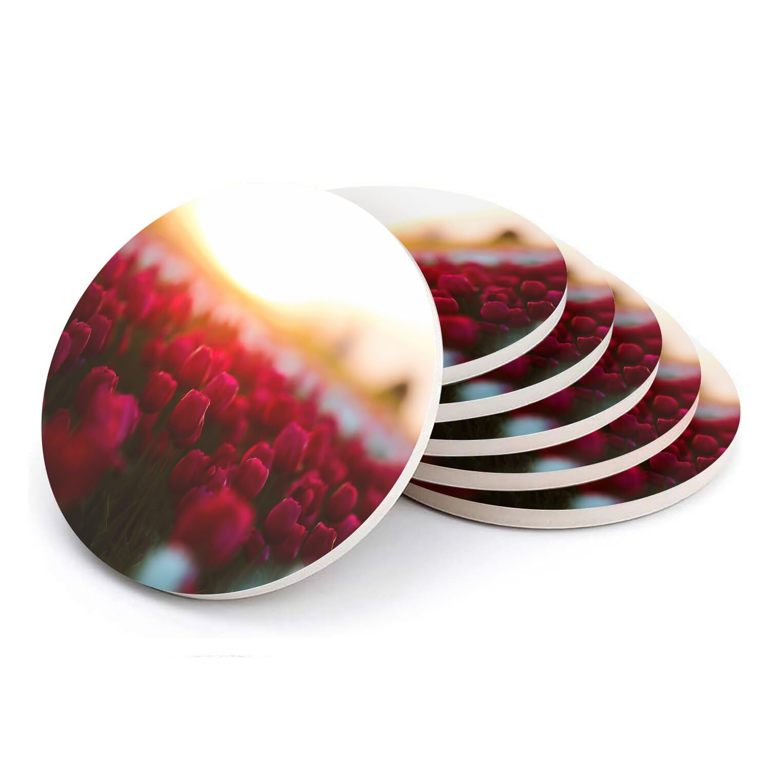 Sous-verre rond en céramique 108mm lot de 6 fleurs tulipes rouges