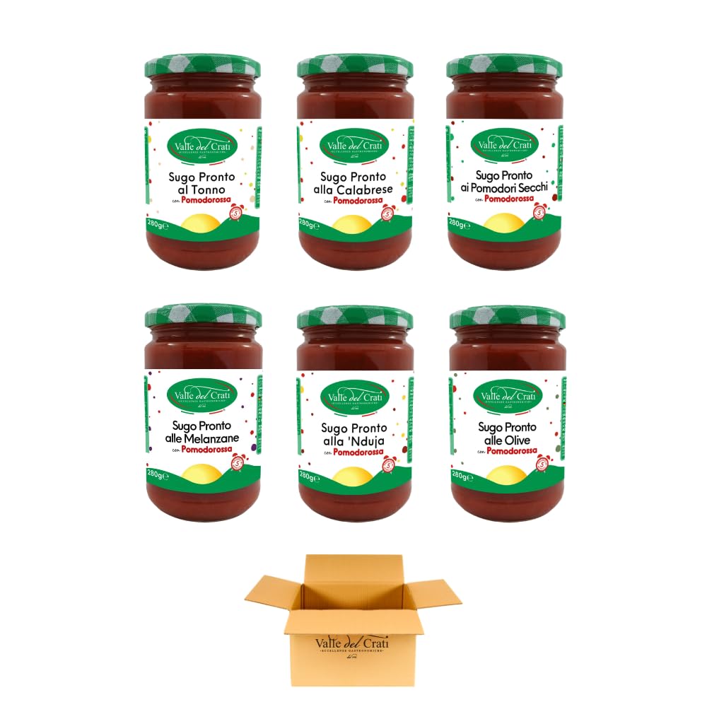 Valle del Crati Box Degustazione Sughi | Confezione di Sughi Pronti Calabresi | Funghi Rositi, Pomodori Secchi, Tonno, alla Calabrese, Melanzane, Olive | 6 Vasetti 280 grammi ca.