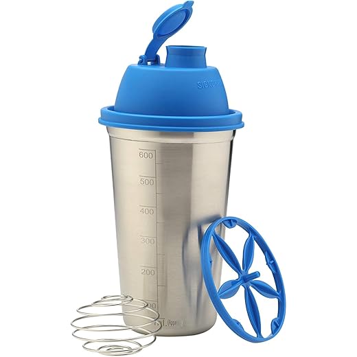 SIGNORA WARE Shake N Shake Stainless Steel Protein Shaker Bottle For Pre-Post Workout | Water Bottle | With Blending Wheel And Whisking Wheel | Leakproof With Knob (650Ml | Silver | Set 1)