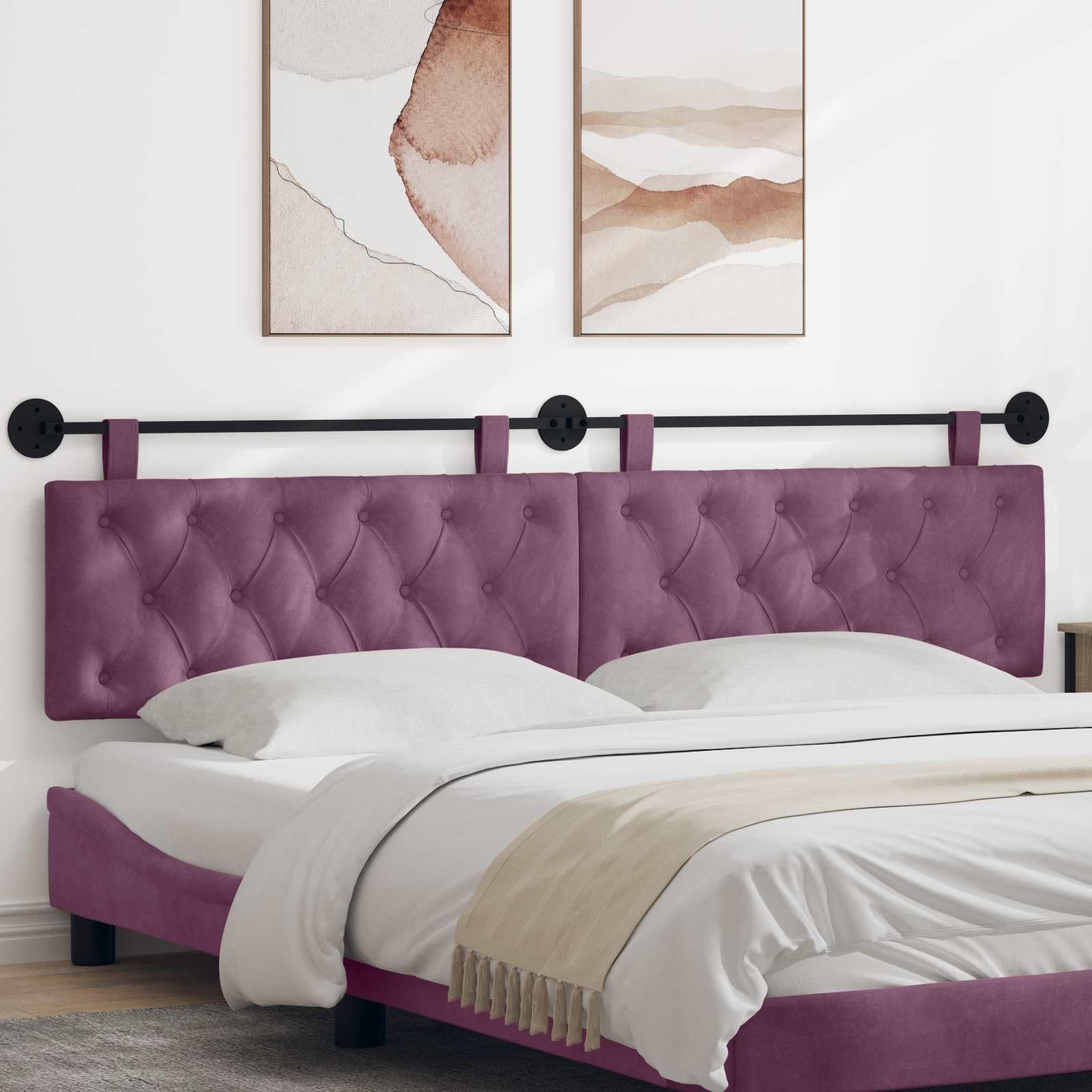 Wiszący zagłówek z oświetleniem LED, fioletowy aksamit do sypialni, salonu i pokoju gościnnego, nowoczesny panel ścienny, wyściełany, 210 cm szerokości, łącznie z materiałem montażowym