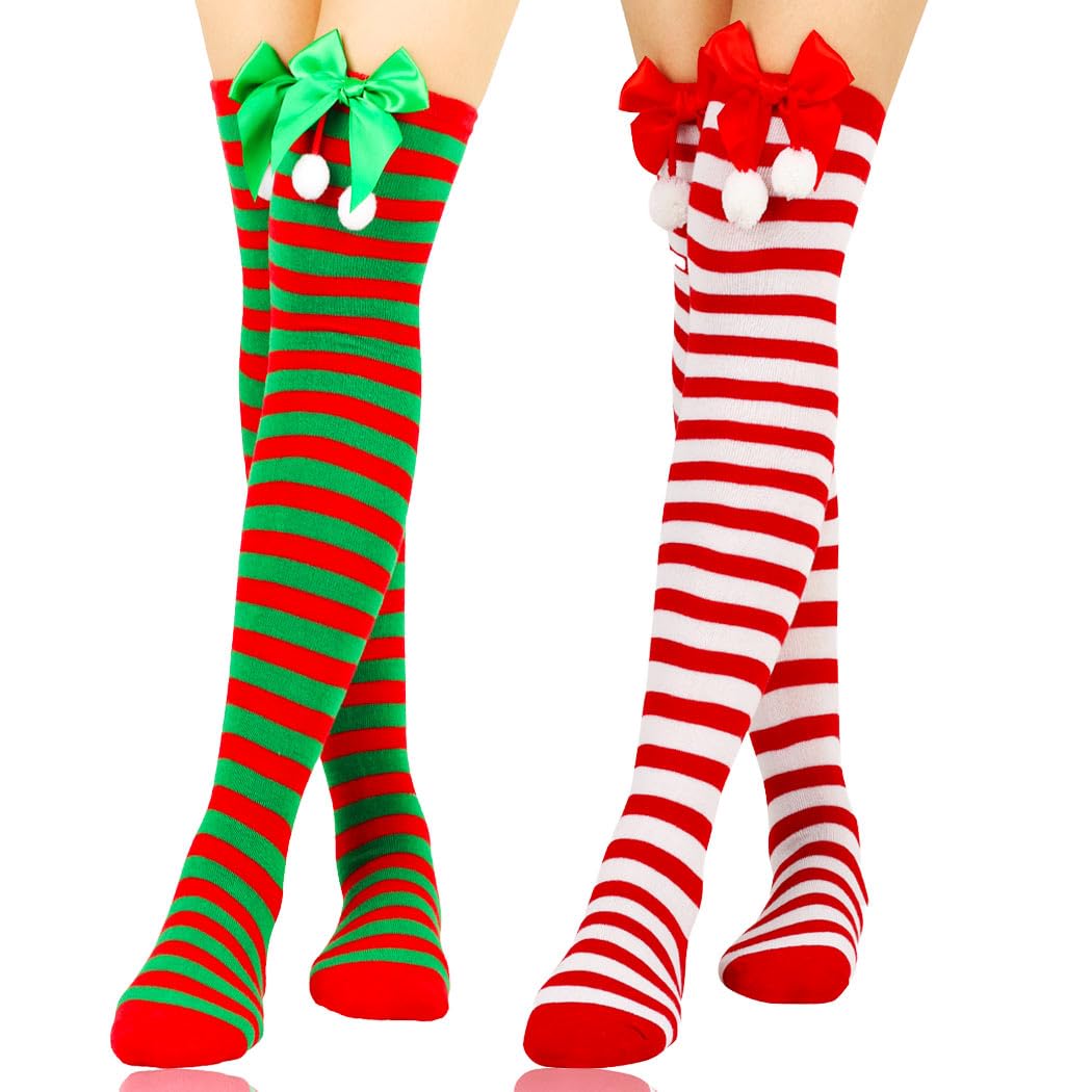 Christmas Thigh High Stockings Bow Striped Stockings Holidays Knee Stocking for Women 2 Pairs