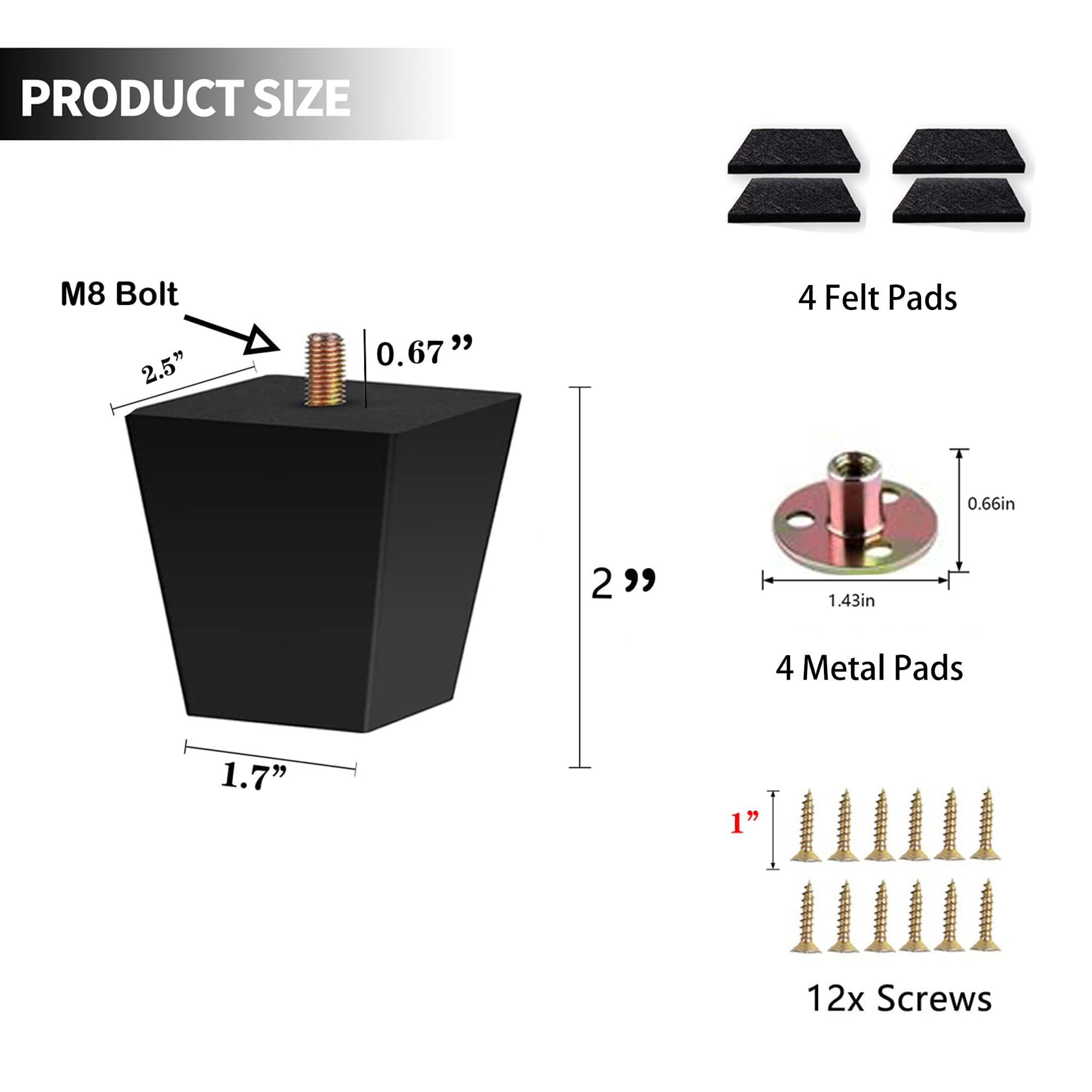 Patas de sofá cuadradas de madera de 5 cm para muebles, juego de 4, color negro (5 cm, 4 juegos)