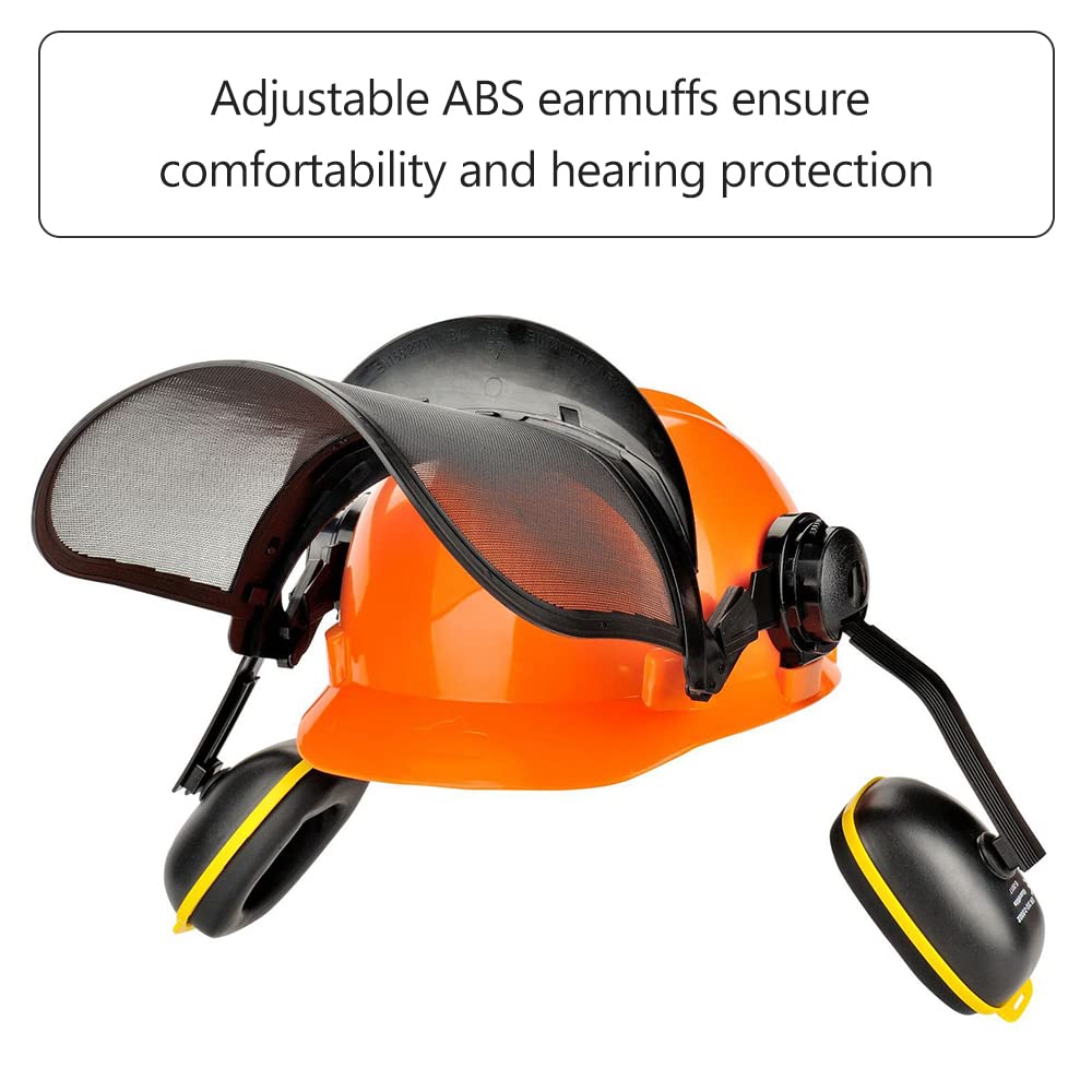 Casco di Sicurezza con Visiera e Paraorecchie, Elmetto Forestale in HDPE con Visiera in Rete d'Acciaio Arancione