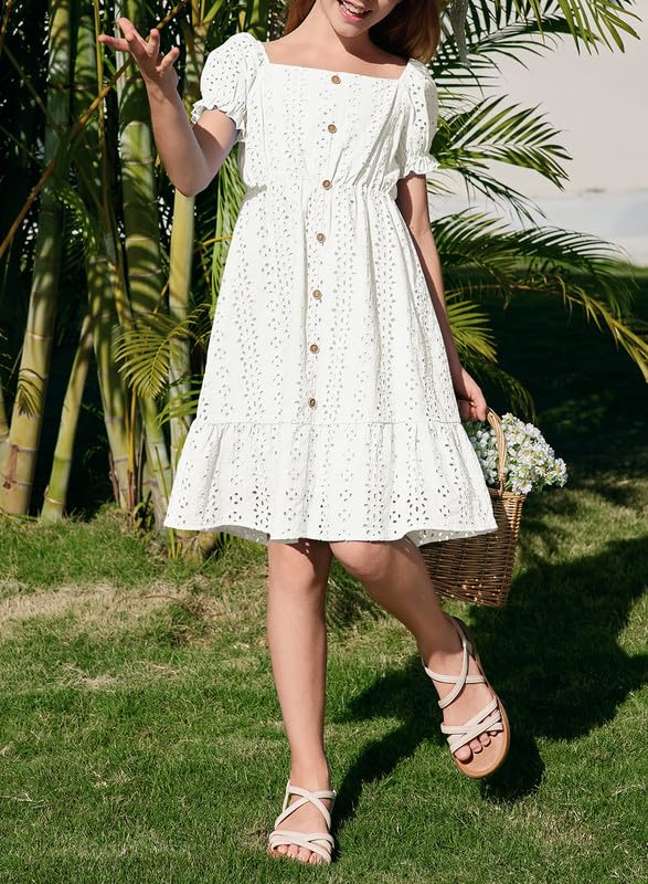 Girls Summer Dress Casual Puff Sleeve A-line Button Down Eyelet Midi Dress 6-15 Years2