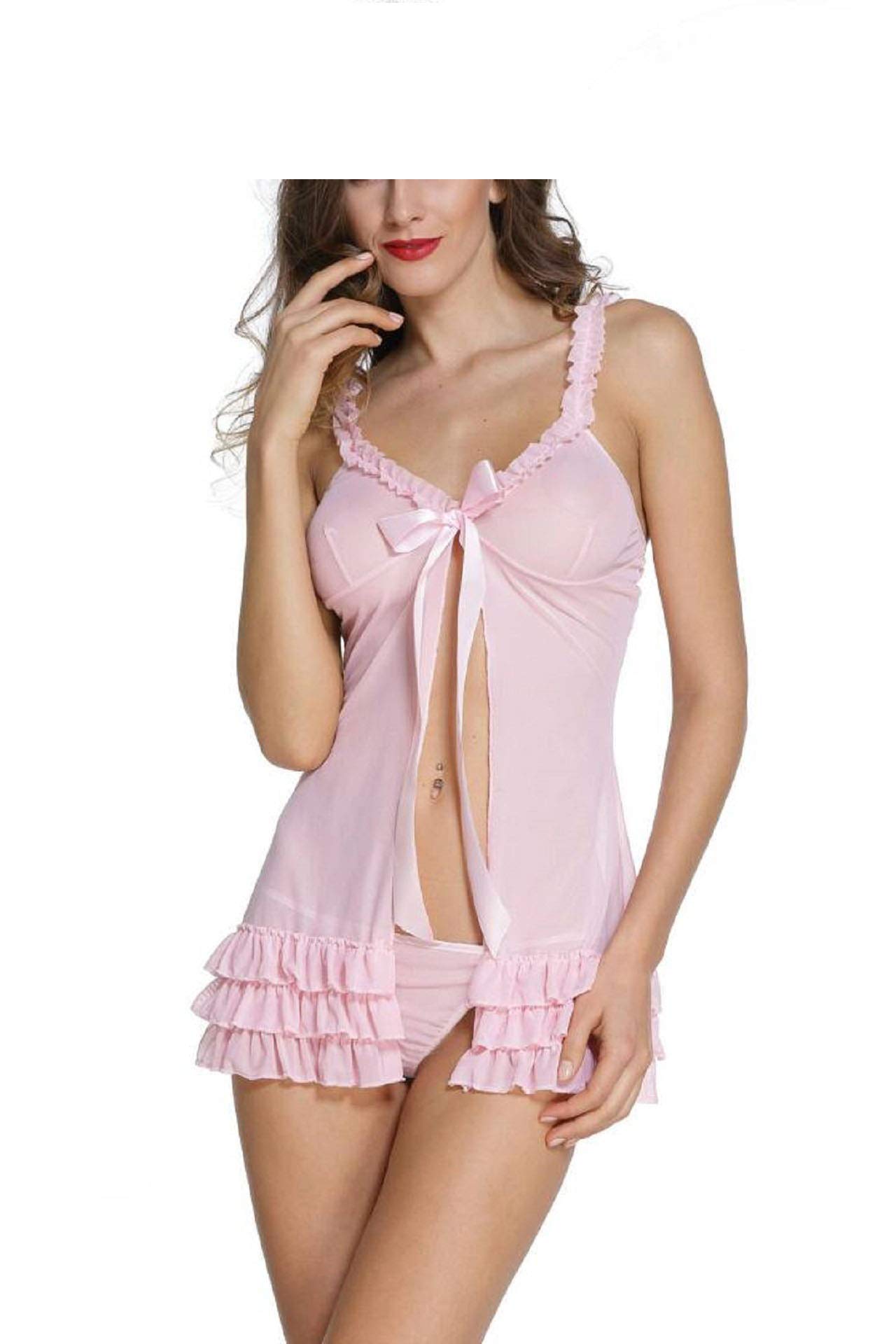 Pink Babydoll Lingerie Set for Honeymoon for Woman with g String Thongs-image-4