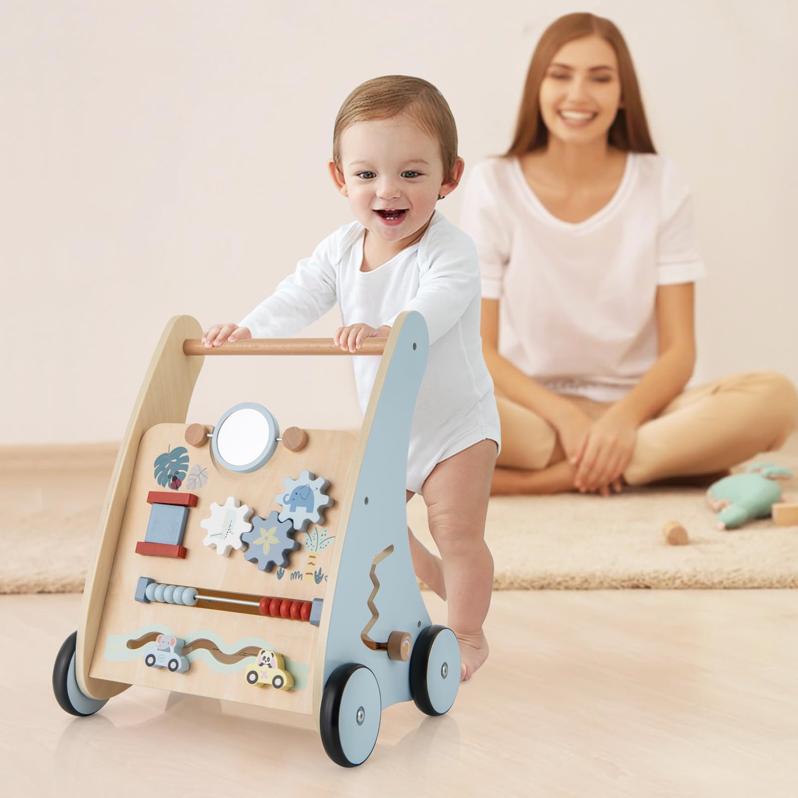 LIFEZEAL Girello Neonato in legno, Primi Passi per Bambini con Giocattoli Montessori, Carrello Primi Passi con Ruote, Gioco per Camminare, Carrellino con Banco da Lavoro per Bimbi da 3 Mesi (A)