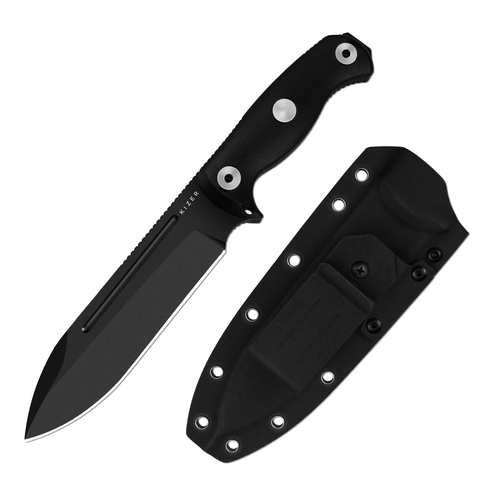 Kizer Drop Bear Fix 7 Cuchillo de Hoja Fija, 16,53 cm Hoja 1095 Cuchillo de Caza con Mango G10 y Pomo Martillo, Cuchillos de Supervivencia de Espiga Completa con Funda y Clip Giratorio, 1103A2