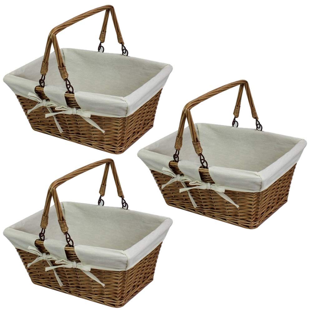H-LINE 3 x Brown Rectangular Traditional Split Willow Shopping Baskets with Folding Handles Vintage Storage Wicker Hamper