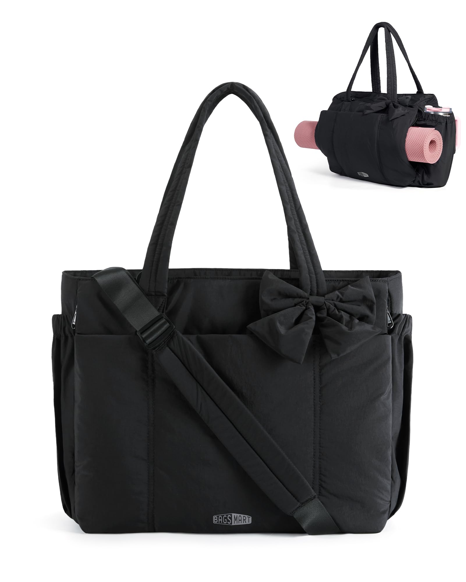 BAGAMSRT Crush Bow Tote Bag for Women Large Work Tote with 40oz Tumbler Puffer Travel Tote Bag for
