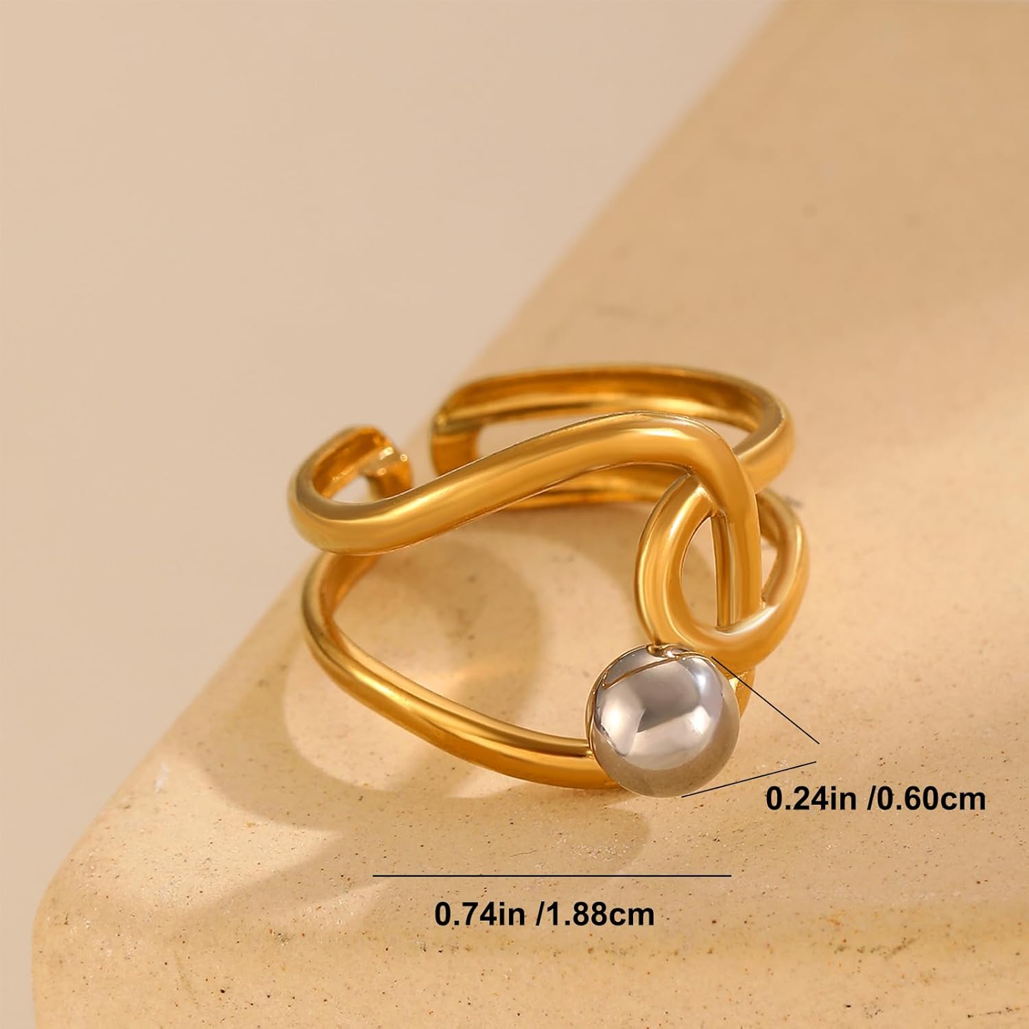 Two Tone Open Ring for Women & Men, Adjustable Gold and Silver Geometric Ring, Minimalist Boho Stainless Steel Statement Jewelry for Everyday Stacking - Image 2