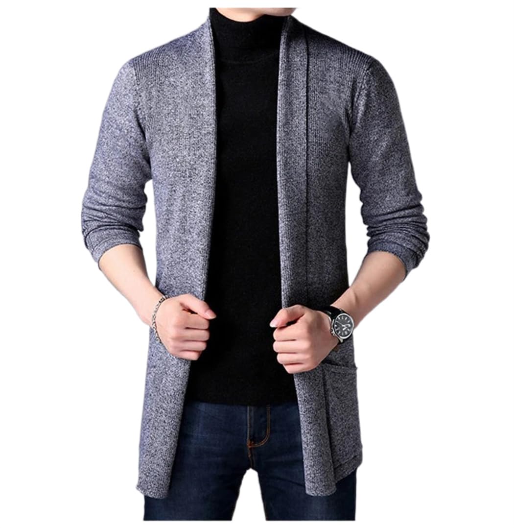 Wekumgy Men's Shawl Collar Cardigan Long Sweater Open Front Knit Comfort Sweater Casual Pocket Warm Sweaters Grey