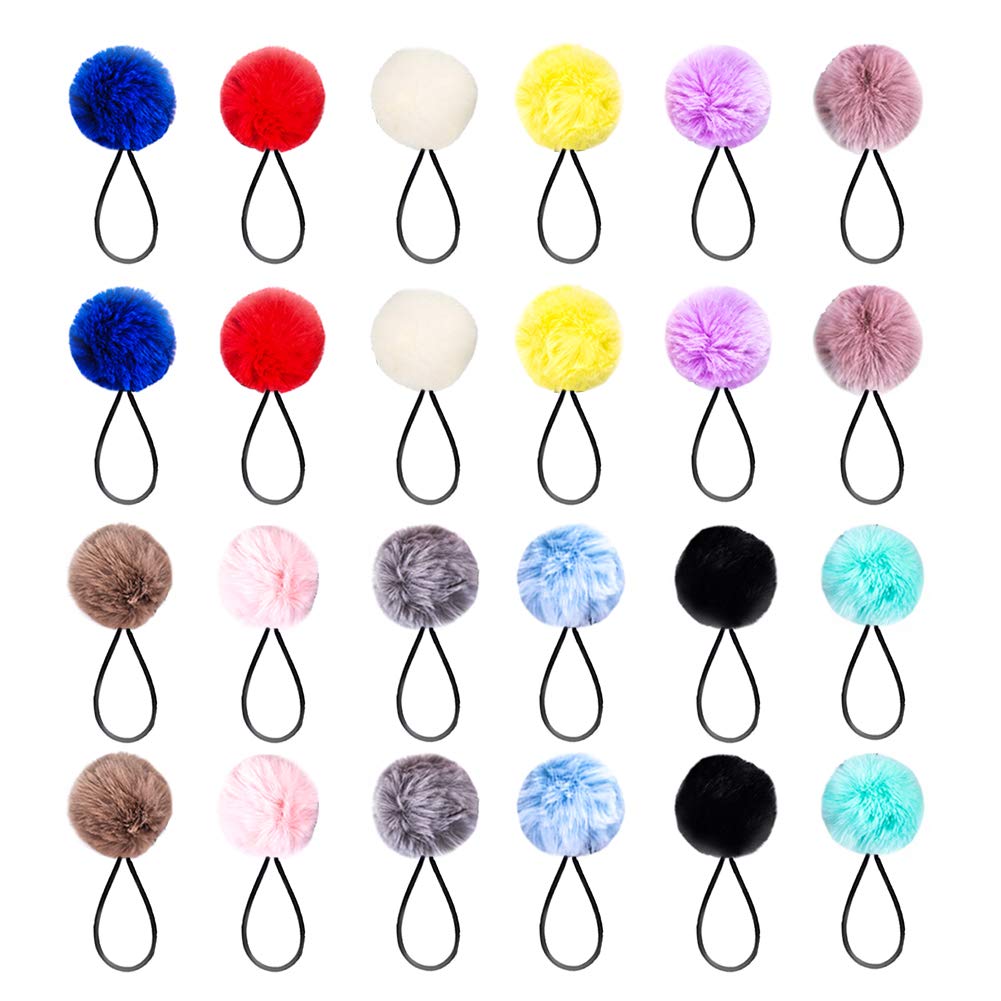hellomagic 24Pcs Ball Hair Ties Pompom Hair Bands Fluffy Elastic Hair Tie Ball Ponytail Holders for Girl