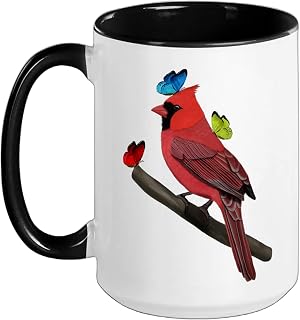 Cardinal with Butterflies Bird Watcher Biologist Ceramic Mug, Black/White, 15oz