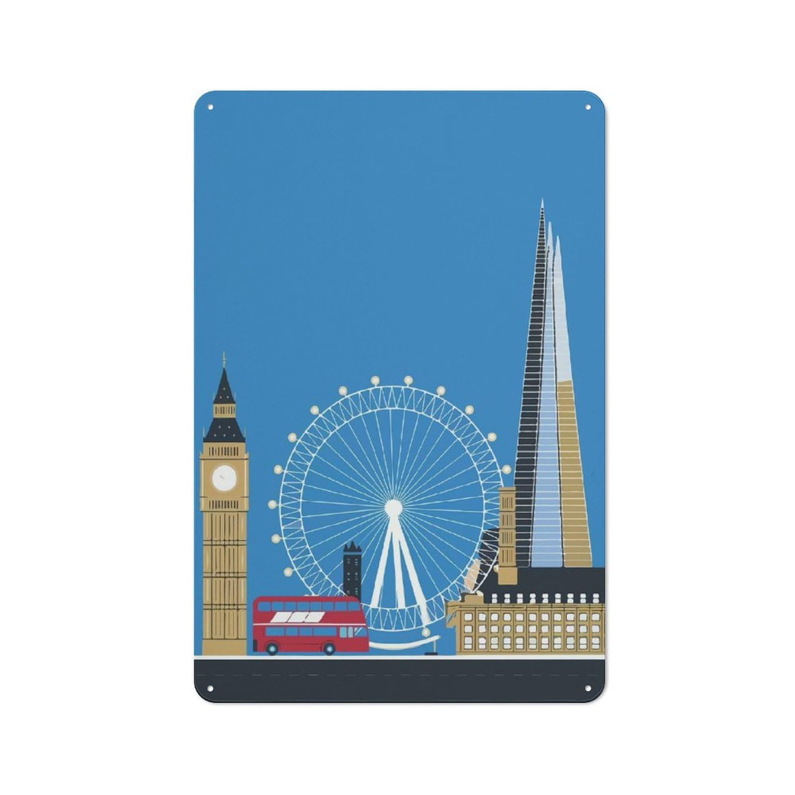 London Skyline Illustration Metal Wall Plaque for Travel Lovers, Birthday, Housewarming Or Christmas Gift, 30x20cm
