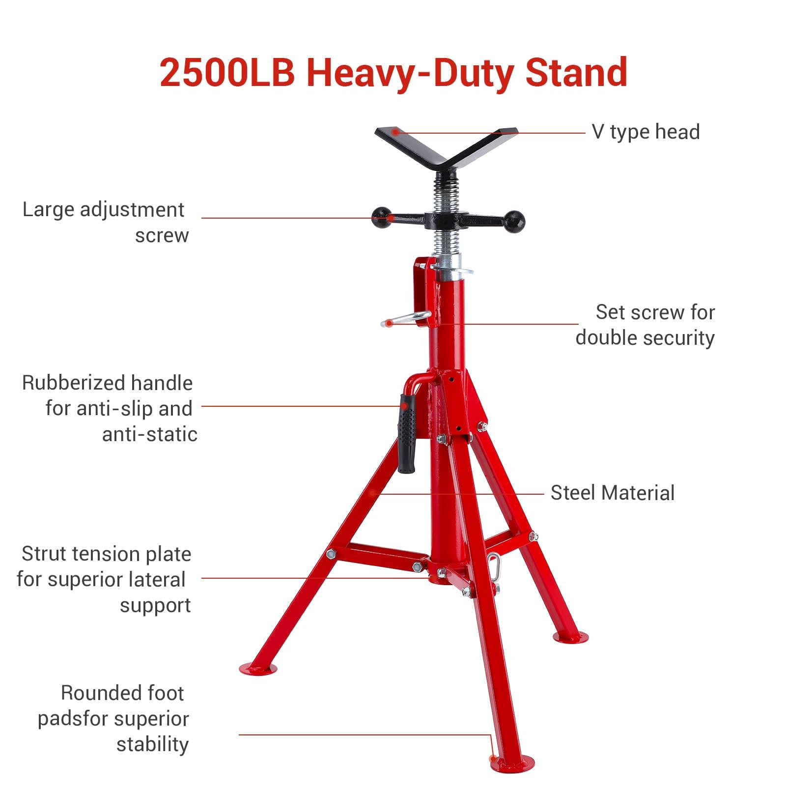 Garvee Soporte de Tubos con Cabezal en V, Gato para Tubería Plegable de Acero al Carbono, 1134 kg de Capacidad, Altura Ajustable de 71 a 132 cm, para Soldadura de Tuberías de 3 mm a 300 mm, Rojo