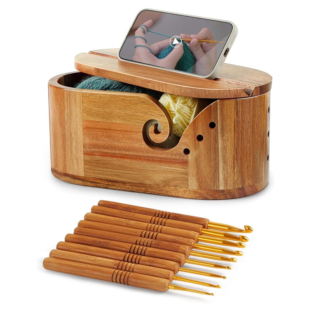 Hndhbfgrt Wooden Yarn Bowl with 9pcs Crochet Hooks, Large Oval Yarn Holder for Knitting and Crocheting for Crocheters