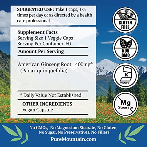 Pure Mountain Botanicals American Ginseng Capsules – Kosher Vegan Caps Now With 400Mg Panax Quinquefolia Ginseng Root #TOP1