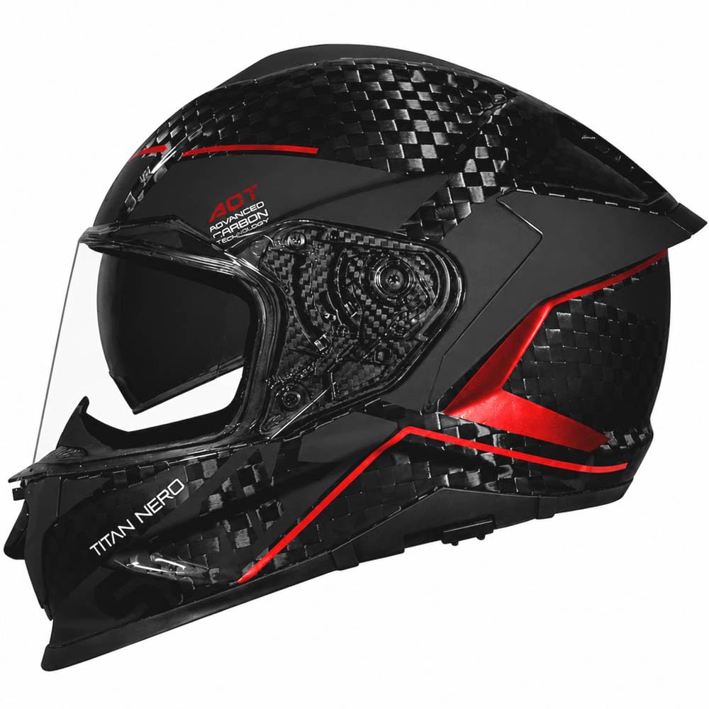SMK Titan Carbon Nero Rojo Cromado - Casco de Moto Integral en Fibra de Carbono con Visor Solar Interior - Unisex Helmets Hombre y Mujer, Homologado 22.06