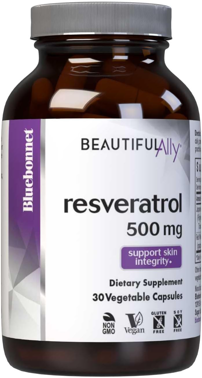 Nutrition Beautiful Ally Resveratrol 500mg, Protect Skin Integrity*, Non-GMO, Vegan, Gluten-Free, Soy-Free, Dairy-Free, 30 Vegetable Capsules, 30 Servings