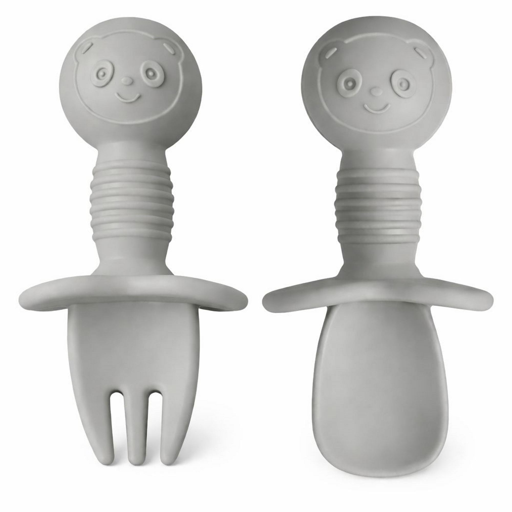 UCRAVO Silicone Baby Spoon Fork Set for Self Feeding | BPA Free Baby Training Utensils | Anti Choke Guard Baby Feeding Spoon & Fork | Baby Led Weaning Utensils for Infants Toddlers Kids (Grey)-image-27