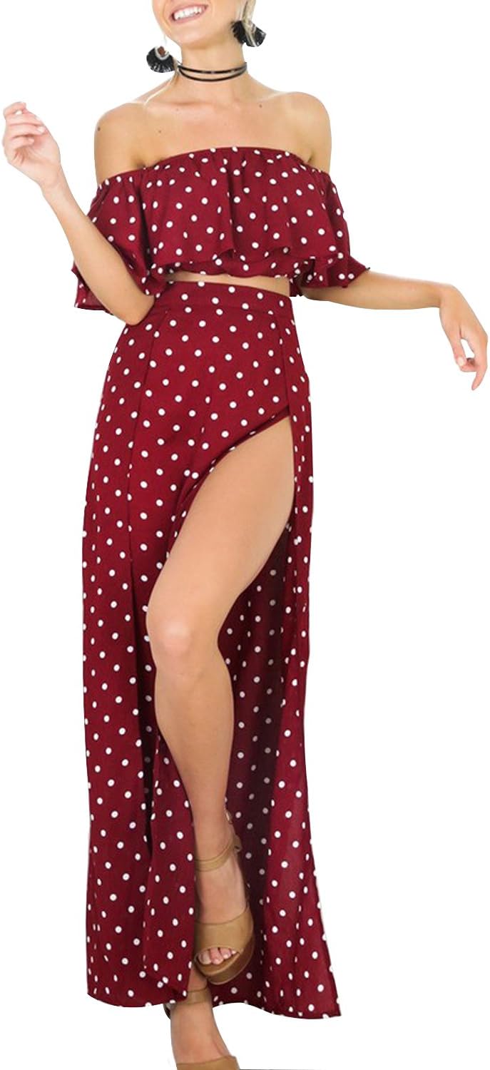 Swmmer Liket 2 Pieces Set Womens Maxi Dress Split Summer Red Long Dresses For Women,Large,Red