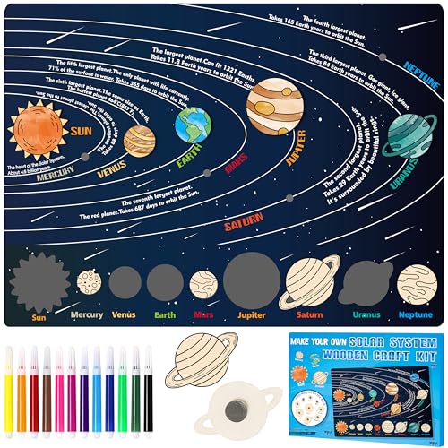 WATINC Solar System Wooden Craft Kit - Color Your Own Planets DIY Magnet Puzzle Playboard, Outer Space Planets Galaxy Preschool Early Learning Class Activities Interactive Play Set Gift for Kids