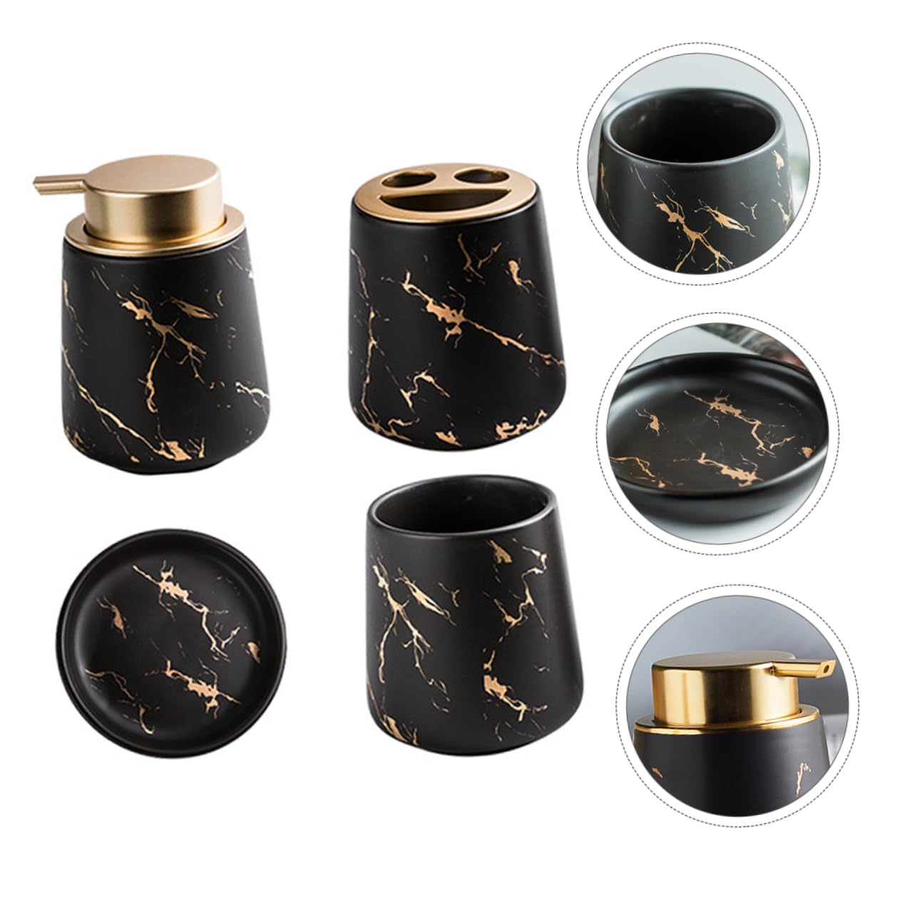 Juego de Accesorios de Baño Vaso para Cepillos de Dientes, Jabonera de Cerámica, Acabado Mármol Negro Mate, Set 4 Piezas, Adecuado para Baño y Organización Sanitaria