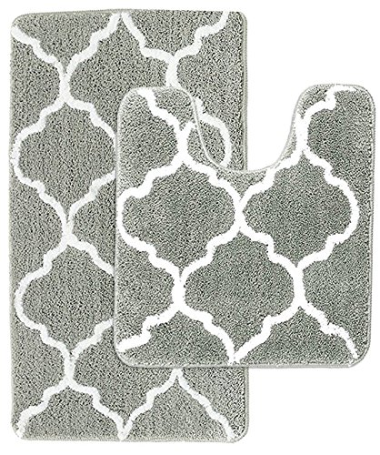 Fashion Dream Bath Rug Sets Non - Slip Toilet Rug Set -Two Pieces Of Grey Bathroom Carpet 18 x 30 Inches And 18 x 18 Inches