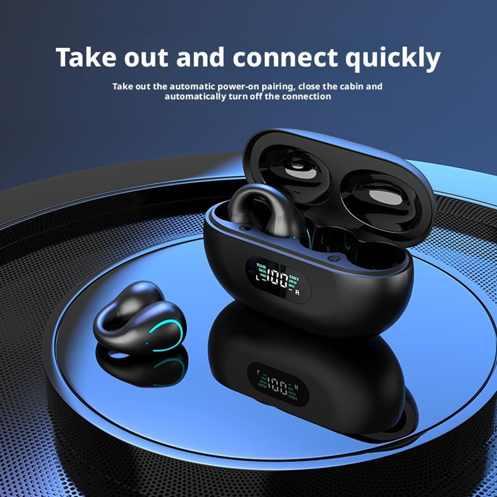 Open-Ear Wireless Headphones Bluetooth Clip on Mini Earbuds with Charging Case Sports Bone Conduction Earphones for Workout Driving Walking Black image 3