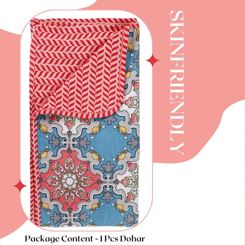 Image of VAS COLLECTIONS Pure Cotton 120 GSM Reversible Soft Lightweight Printed Single Bed Blanket /AC Dohar /Skin Friendly Dohar-152 x 225 cm - Pink & Blue