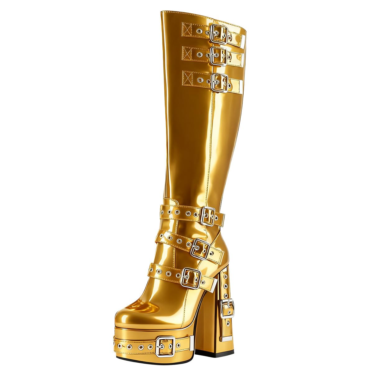 FSJ Women Platform Knee High Boots Round Toe Multi Buckle Chunky Heel Side Zipper Punk Goth Festival Booties