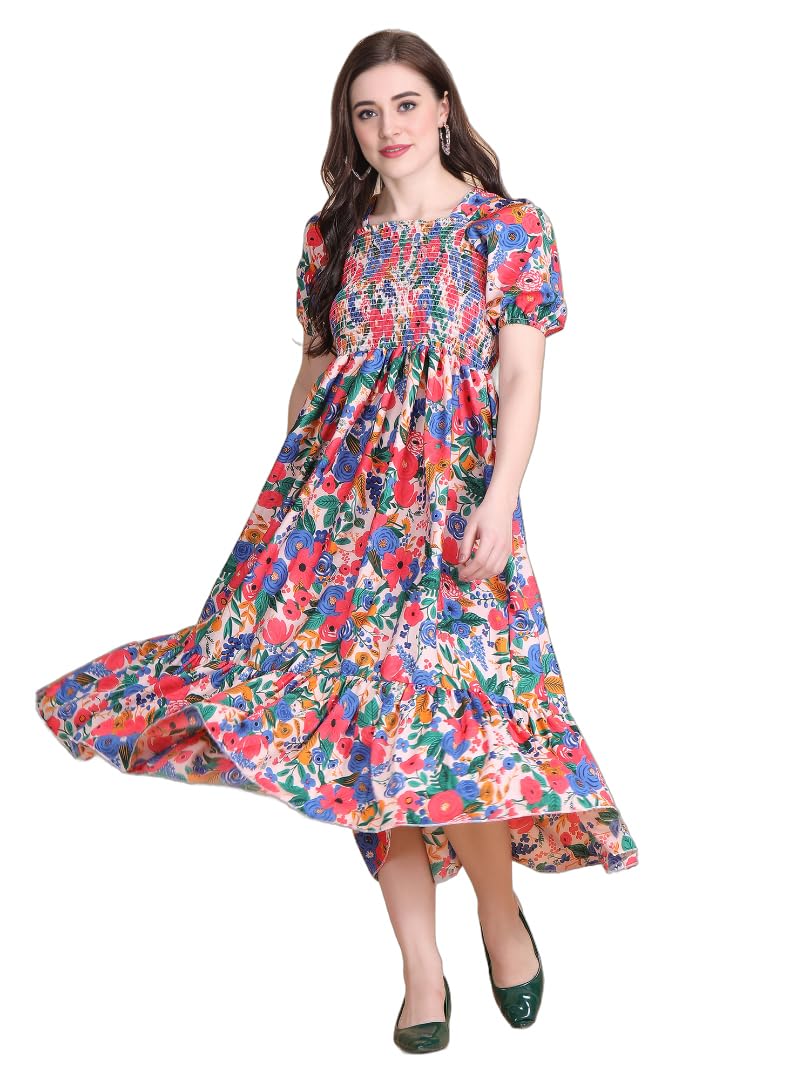 KUDUZOFloral Print Maxi Dress with Puffed Sleeves for Women
