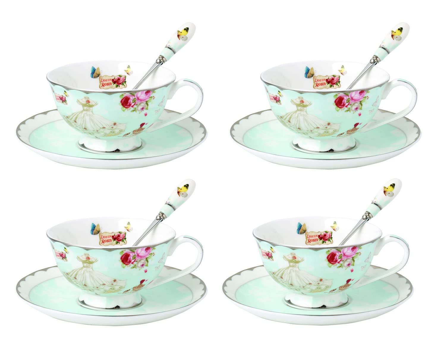 Eplze YBK Tech 4 Pack Euro Style Cup& Saucer Sets, Bone China Tea Coffee Cup for Home Kitchen Wedding- Rose and Dress Pattern