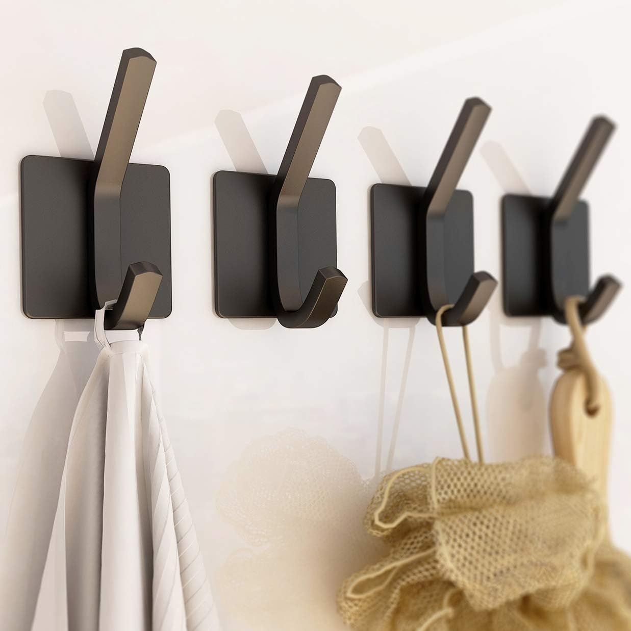 XIGOO Black Adhesive Hooks - Office Hook Hanging Key Bathroom Towel Hooks Stick on Wall for Kitchen,Stainless Steel 4 Packs