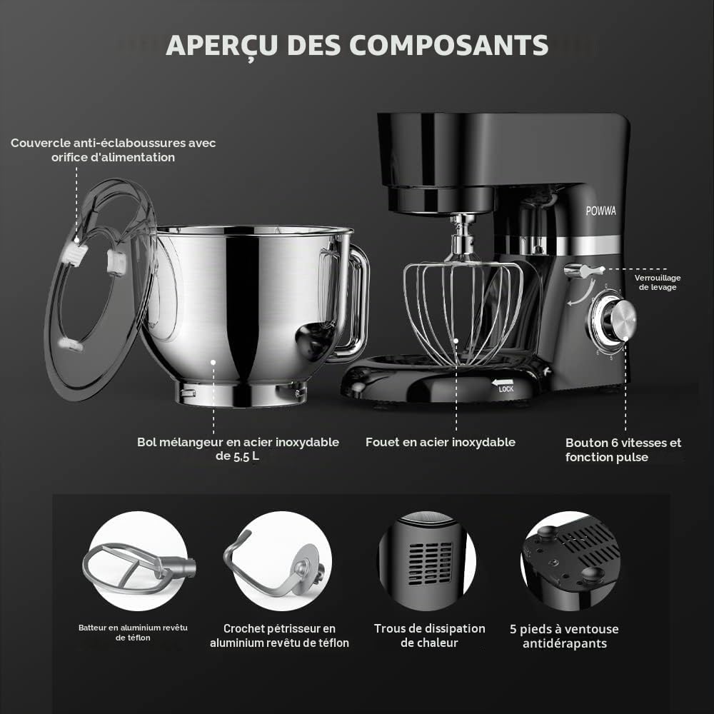 Robot Pâtissier, POWWA 1500W Pétrin Professionnel, Silencieux Robot de Cuisine Multifonctionn Pétrisseur avec Batteur Électrique, Batteur, Fouet, Couvercle, Bol 5.5 L (Noir)