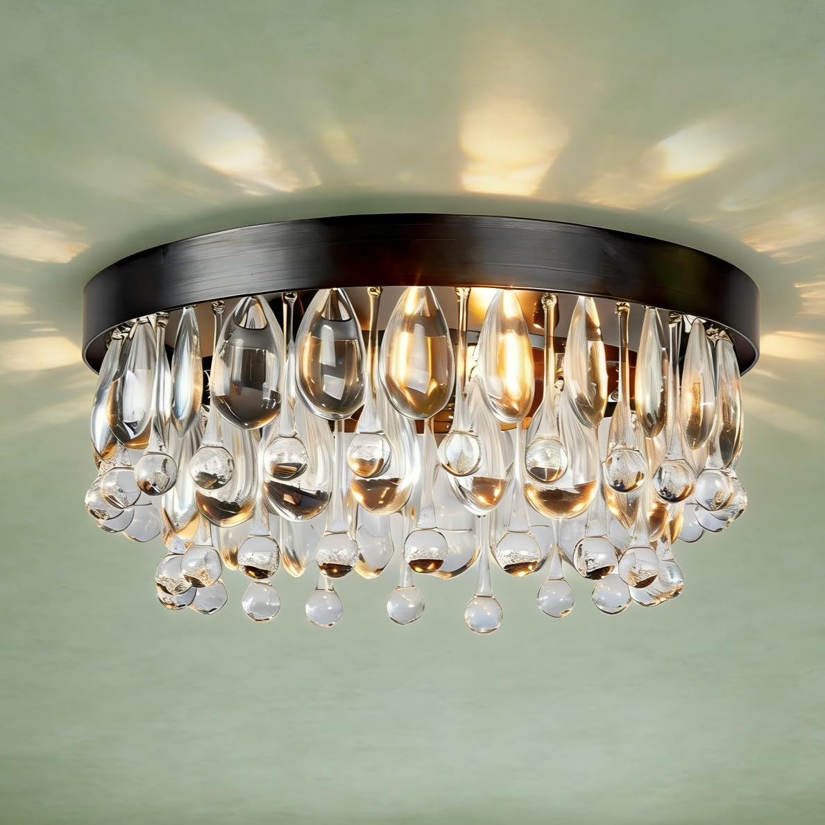 Photo 1 of 15" Antique Brass Round Crystal Ceiling Light, Luxury Crystal Raindrop Semi Flush Mount Ceiling Light Fixture, Modern Mini Flush Mount for Bedroom, Hallway, Entryway (Black)