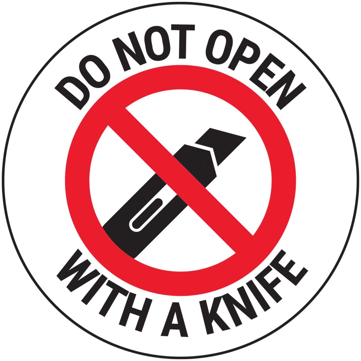 V Safety Do Not Open With A Knife Sticker - 50mm Diameter (Roll of 250)
