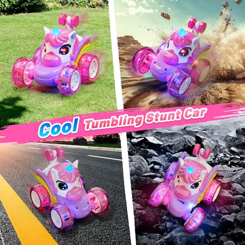 Carsky Unicorn Remote Control Car for Girls,Rechargeable 360°Stunt RC Cars Rotation 4WD Remote Cars with LED Lights,Fun Indoor Outdoor Toys for Kids,Chritmas Birthday Gift for 3 4 5 6 Year Old Girl by Carsky - Image 2