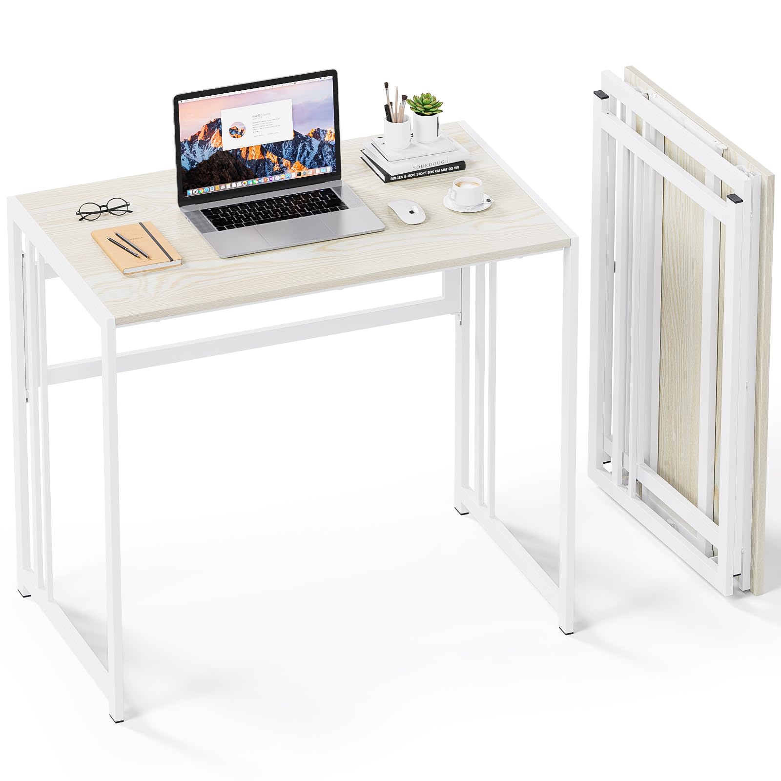 Gezen Folding Desk 32'' Computer Desk No Assembly Required Foldable Table Space Saving Writing Workstation for Home Office (Beige, White)
