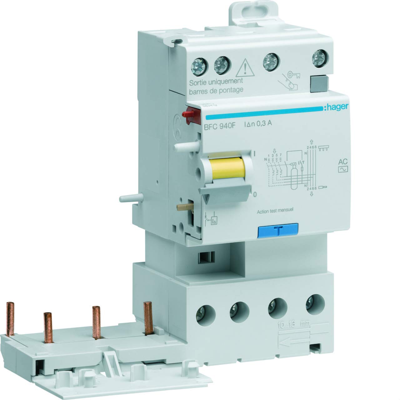 Bloc différentiel triphasé 40A 30mA Hager BDC940F protection tableau triphasé