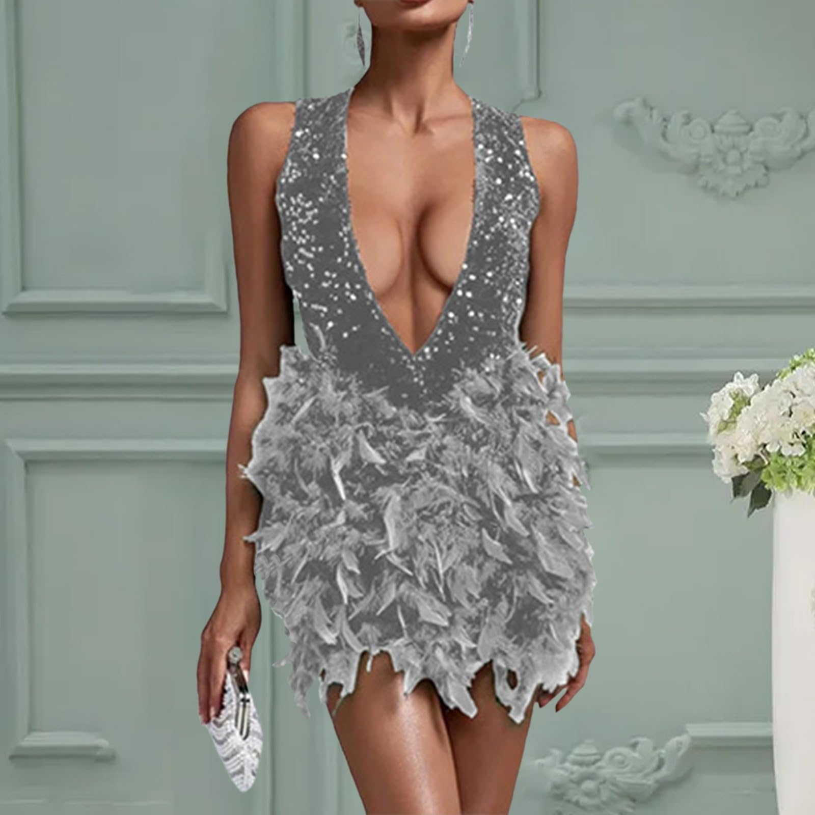 Jupe à Paillettes et Plumes pour Femme avec Dos Nu et décolleté en V Profond Robe Rose Moulante